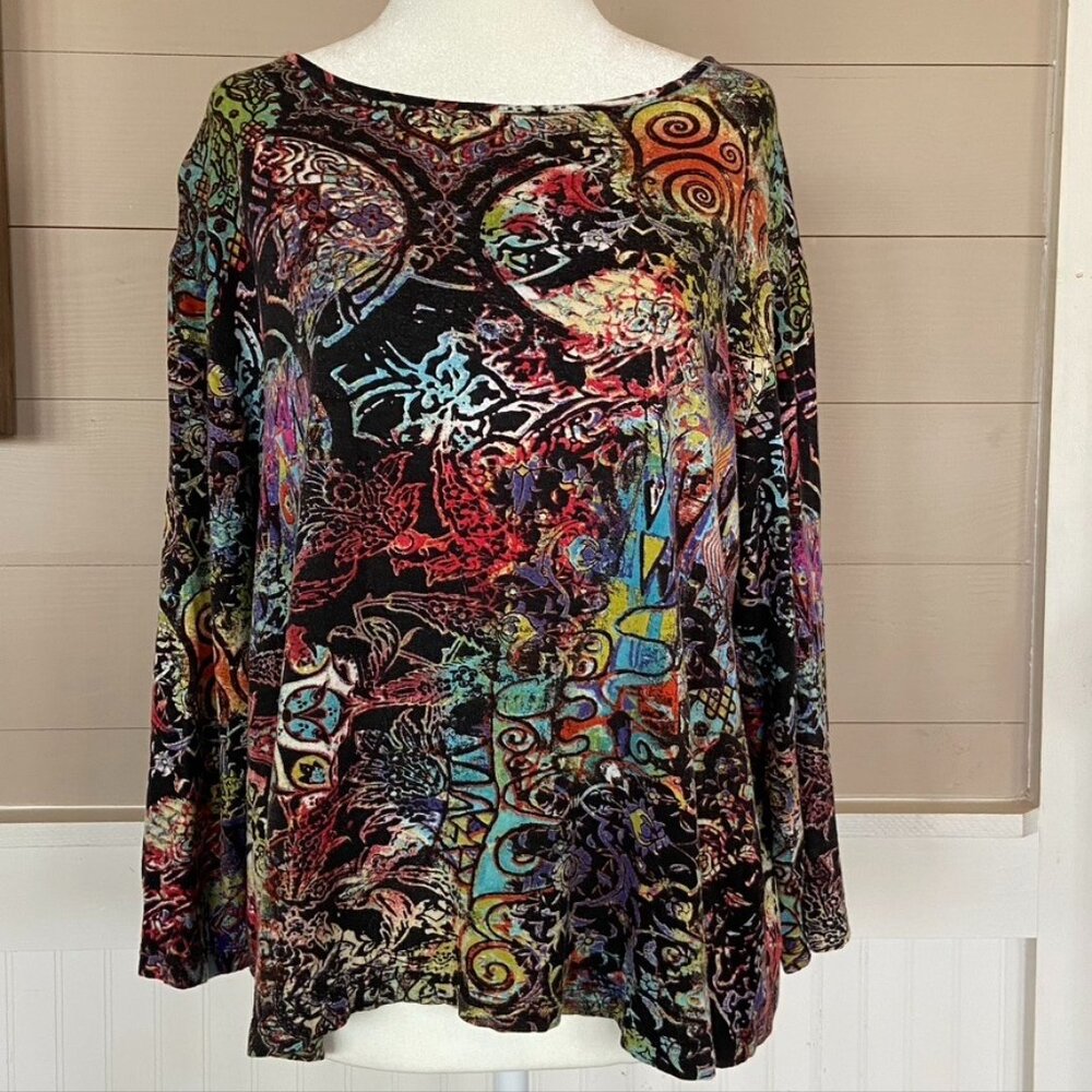 Chico's Black/Red Multicolor Wearable Art Dopamine flowy and soft Top Size 3